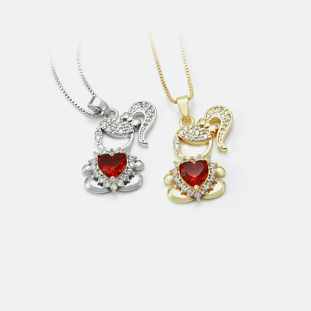 

Fashion Jewelry Brass Gold Plated Zircon Boy and Girl Heart Pendant Necklace