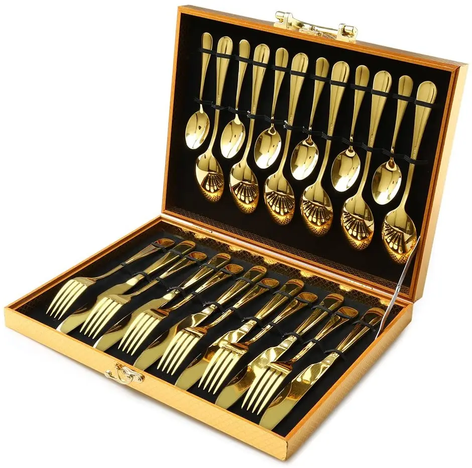 

Online shopping copper silveware 24pcs cutlery set with wood box Juego de cubiertos de oro stainless steel gold plated flatware, Customized color