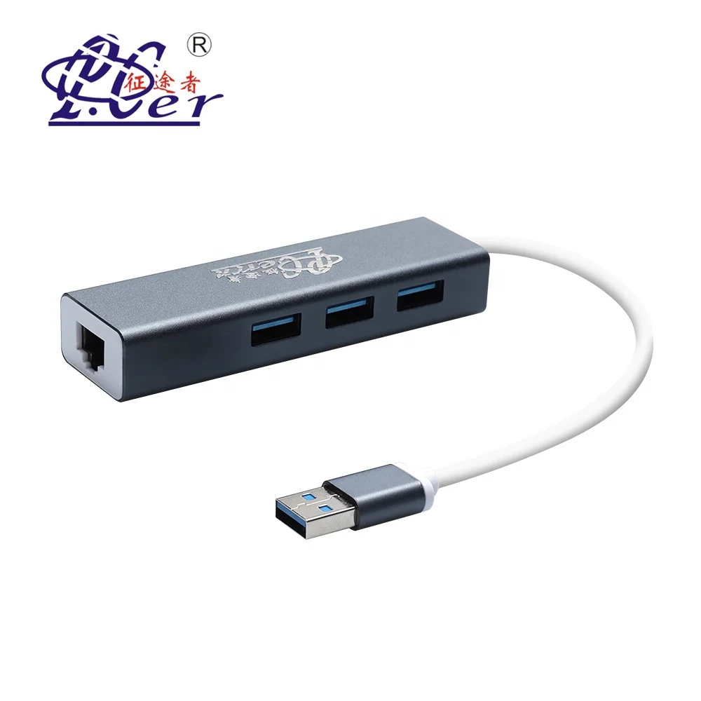 

PCER USB to LAN Adapter with Gigabit Ethernet 3 USB 3.0 Ports to LAN Port Hub 4-in-1, Silver and gray