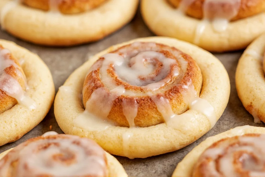 Close-up of perfectly swirled cinnamon roll cookies with visible cinnamon layers and melted cream cheese frosting