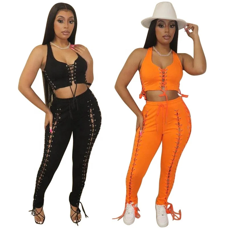 

2021 Summer Casual Sleeveless Crop Top Sexy Pant Suits 2 Piece Set Women