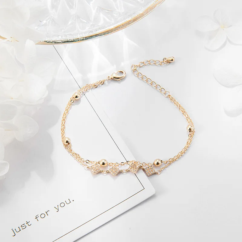 

Summer High Quality Jewelry Double Layer Beads Chain Crystal Rhinestone CZ Rhombus  Bracelet, Gold