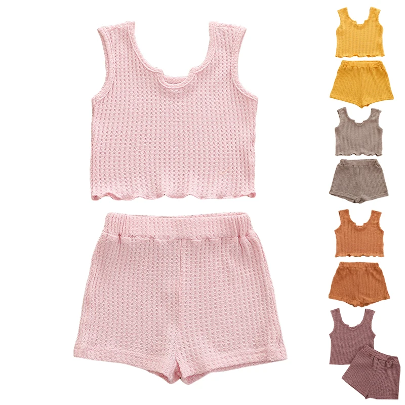 

wholesale girls clothing sets sleeveless knit crop top shorts knitted custom logo kids shorts set girls