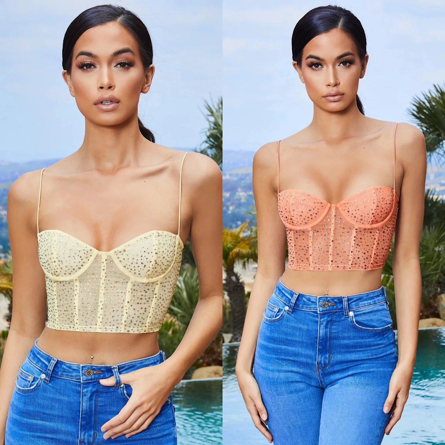 

Woman tank tops rhinestone fashionable sexy cute summer crop tops vest, Pink/yellow/black