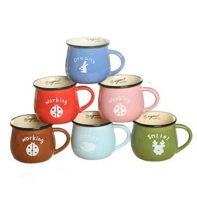 

Seaygift Wholesale custom logo printed vintage ceramic enamel mug ceramic espresso coffee cups with lid for gift, Black/pink/blue