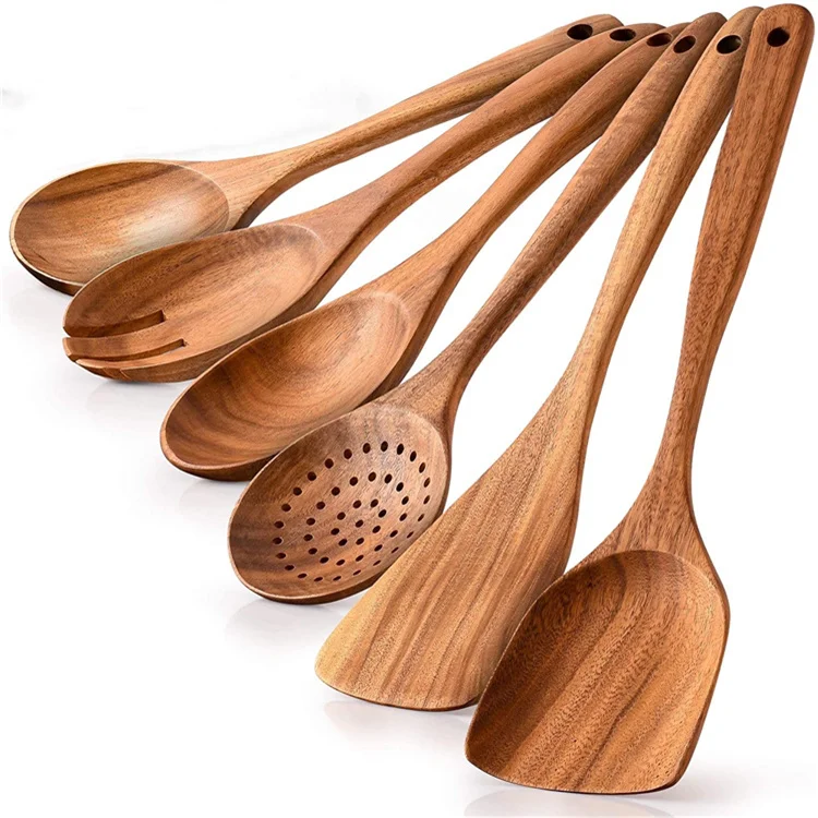 

Wooden Utensils For Cooking - Non-Stick Soft Comfortable Grip Wooden Cooking Utensils - Smooth Finish Teak Wooden Spoon Sets, Natural