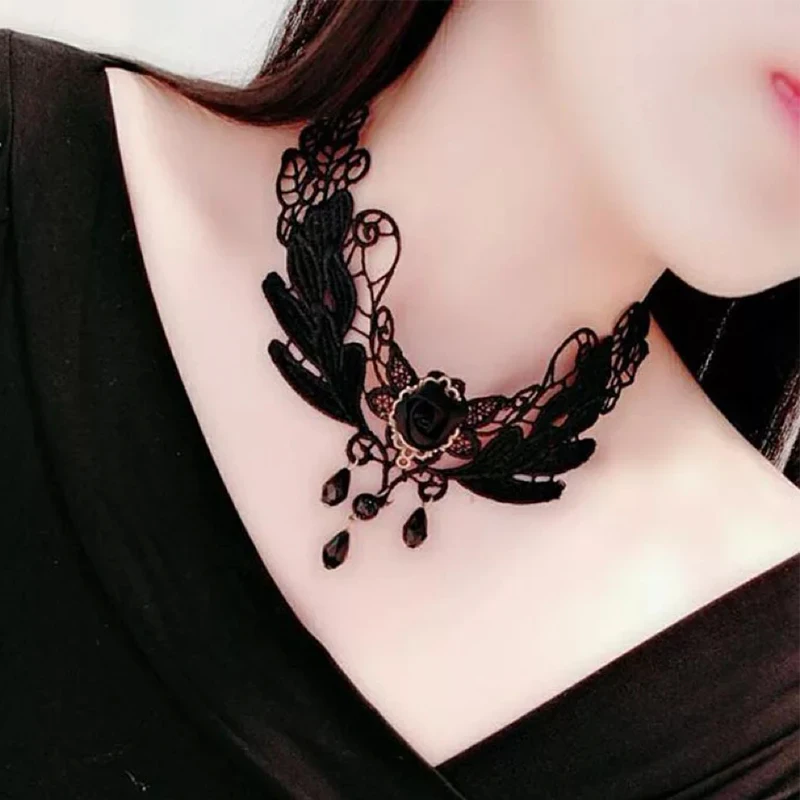 

Retro Black Lace Vampire Choker Charm Necklace Decoration Women Black Lace Beads Choker Collar Necklace