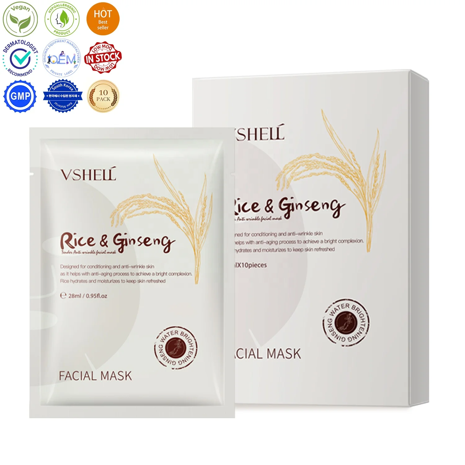 

K-Beauty Ginseng Rice Facial Mask 10 Pack Vegan with Vitamin C Korean Ingredient Brightens Skin Care Real Nature Face Mask Sheet