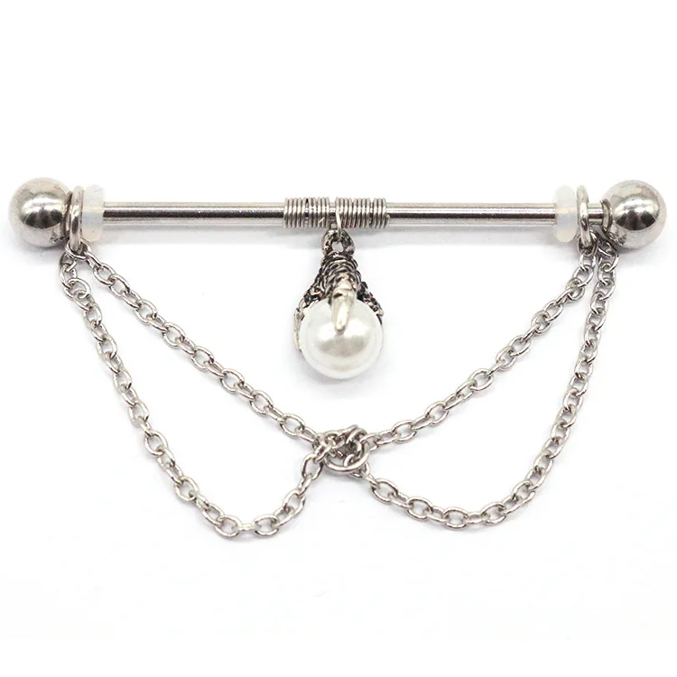 

Hot 316l Stainless Steel Pearl Claw Dangle Industrial Bar Piercing For Women Men 14g Straight Barbell Body Piercing Jewelry, Silver/gold