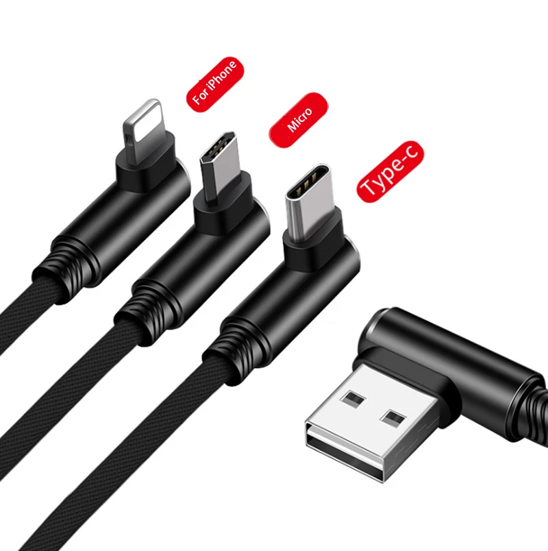 

High Quality 90 Degree Left Right Angle Usb2.0 Data Fast Charging Cable For Iphone Charger Elbow head Usb Cable red, Black/ red/ blue