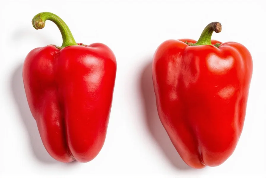 Side-by-side comparison of red Trinidad Moruga Scorpion pepper and red Ghost pepper showing physical differences in shape and texture