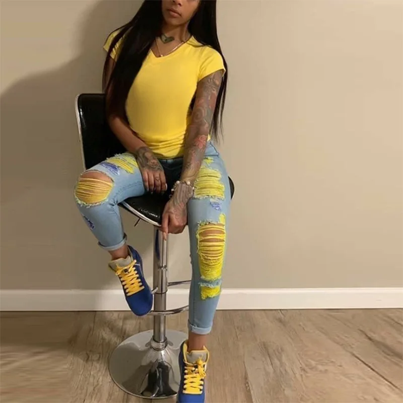 

3XLHot Sale Ripped Jeans For Women Fashion Color Skinny Hole Jeans Female Party Club Hollow Out Denim Pants Vestidos
