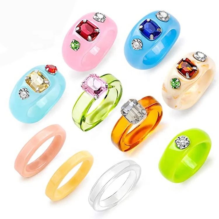 

New Acrylic Rhinestone Resin Rings set Trendy Jelly Multi-color Geometric Square Round Rings Colorful Diamond Round Rings, Picture shows