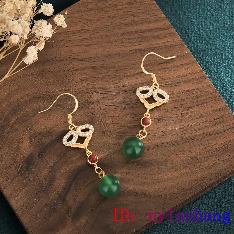 

Green Jade Bead Earrings Gifts Zircon Women Gemstone Crystal Chalcedony Natural Amulet Fashion 925 Silver Jewelry
