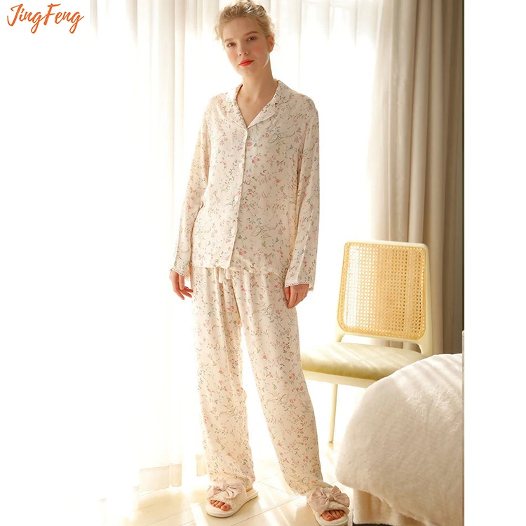 

New women's Viscose willow leaf flower printing loose home wear comfortable long sleeve pajamas set wholesale