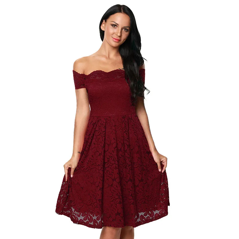 

High Quality Wine Plus Size Scalloped Off Shoulder Flared Lace Dress Women, Customized