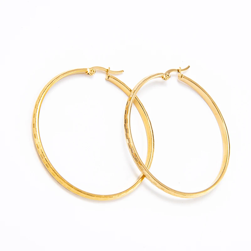 

Trendy Stainless Steel Golden Mosaic Pattern Hoop Earrings Real Gold Plated Embossed Geometric Shaped Sequin Circle Earring