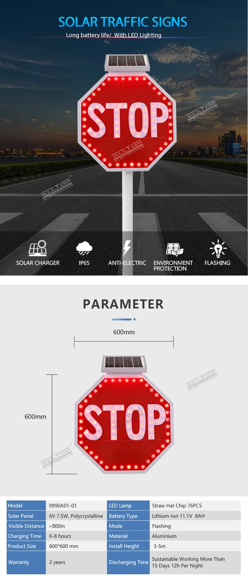Best selling 24 hours continuous work OEM reflective aluminium led traffic solar road warning sign