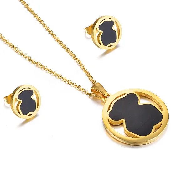 Modalen Enamel Bear Stainless Steel Woman Fashion Gold Plated Jewelry Set