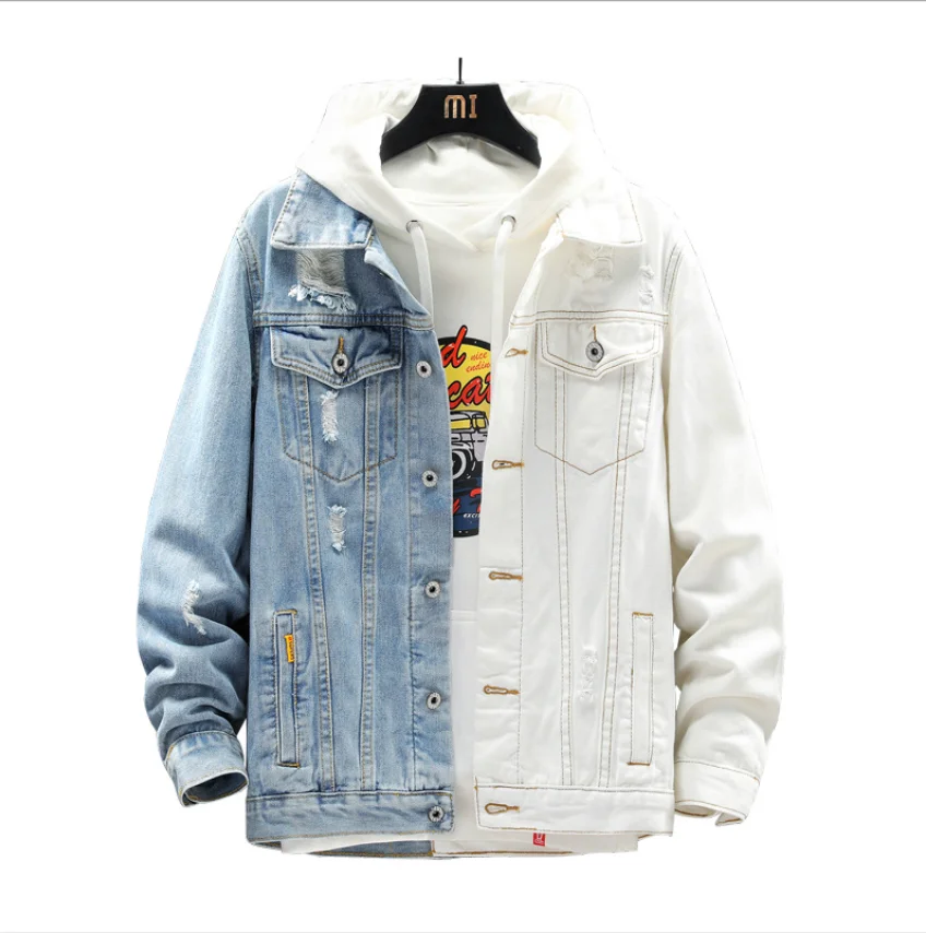 

New spring and fall men's slim denim jacket two-color patchwork long-sleeved denim coat lapel slimming trend fashion