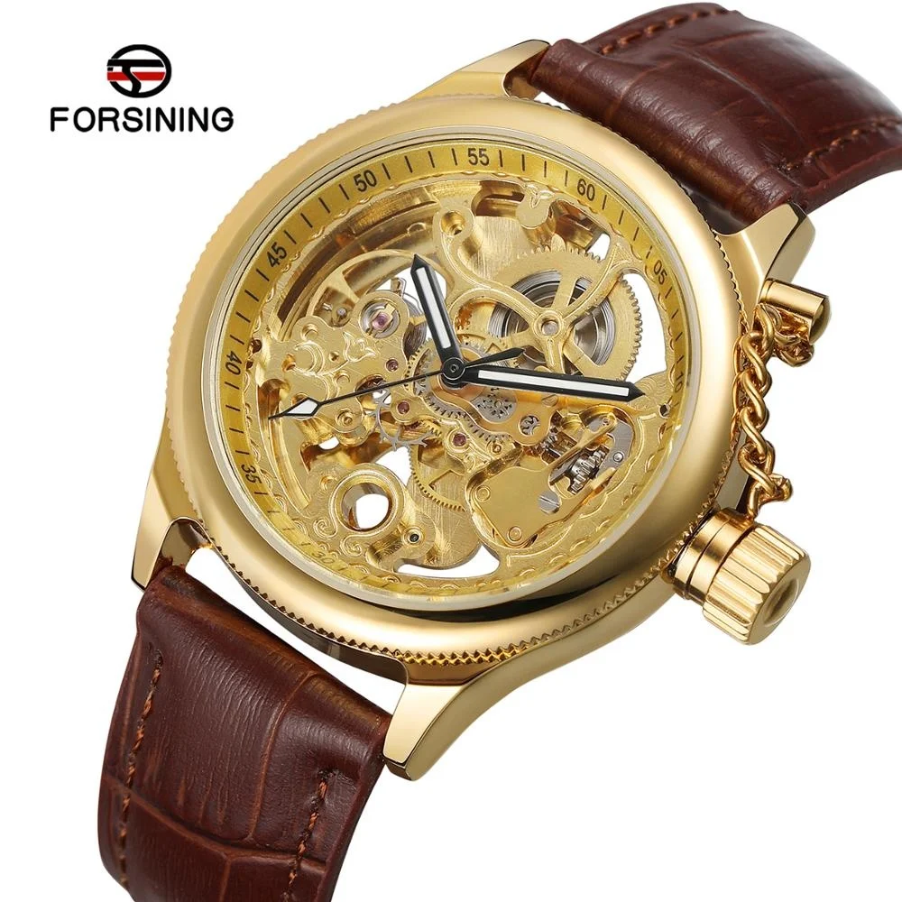 

Forsining New Gold Silver Color Automatic Mens Brown Leather Skeleton Male Watches Mechanical Mens Watch Relogio Masculino, According to reality