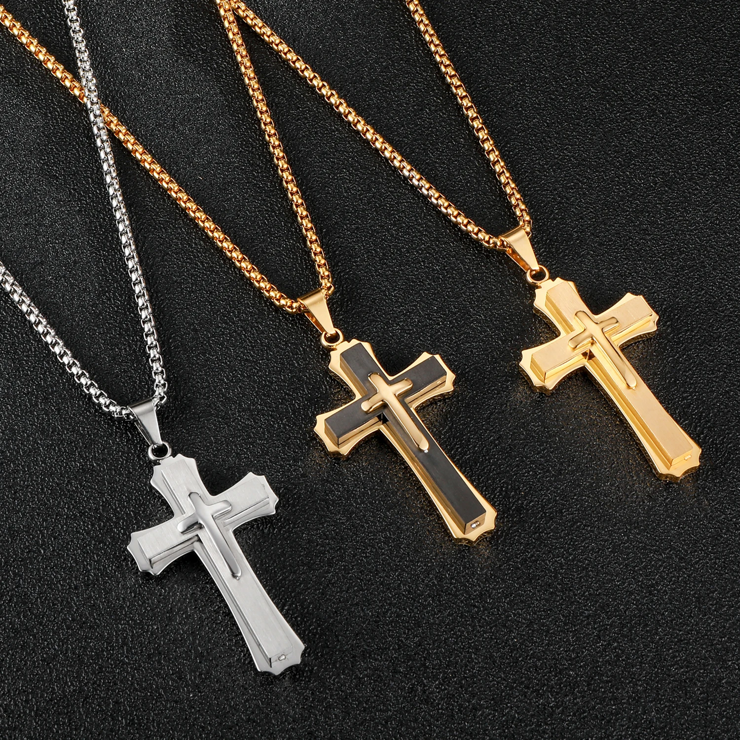 Wholesale Size Cross Gold Plated Stainless Steel Waterproof Pendant Hip Hop High Quality Men's Necklace With Box Chain