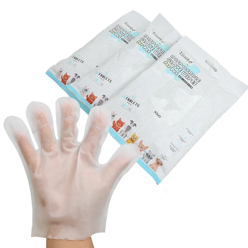 

Factory Wholesale Custom Logo Disposable Non-woven Fabric Cat Cleaning Gloves Dog Pet Gloves Wet Wipes