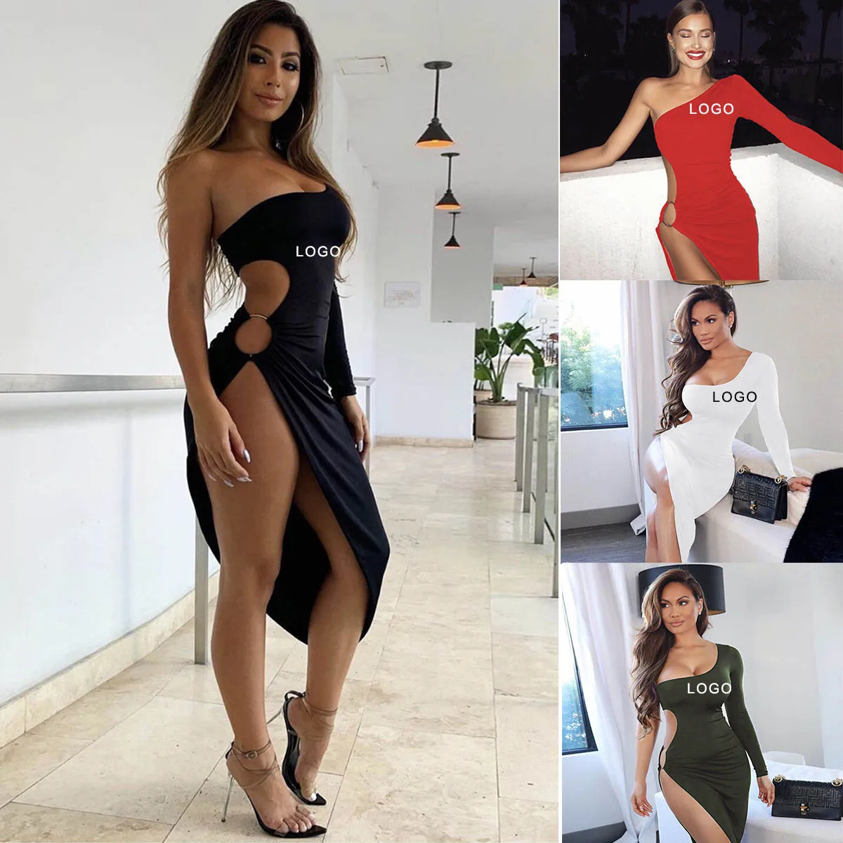 

Customized Logo Latest Winter Evening Women Dresses One Piece Party Club Wear One Shoulder Sexy Hollow Out Women Dress Fleece