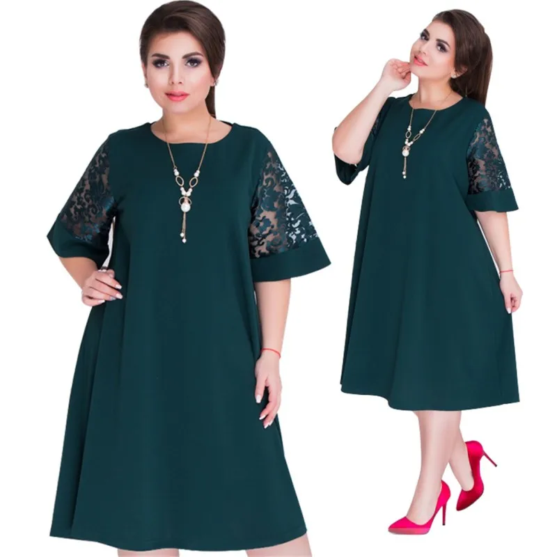 

4 Color Lace Short Sleeve Women Plus Size Midi Dresses Loose Summer Clothing Casual Office Wear Work Big Size Dress XL-6XL