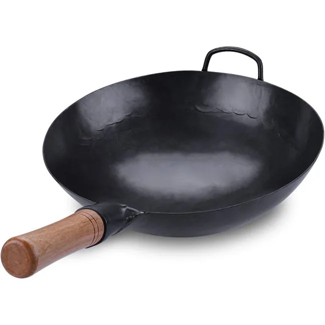 

Pre-seasoned Round Bottom Black Steel Wok Stir Fry Wok Pan With Welded Wooden Handle