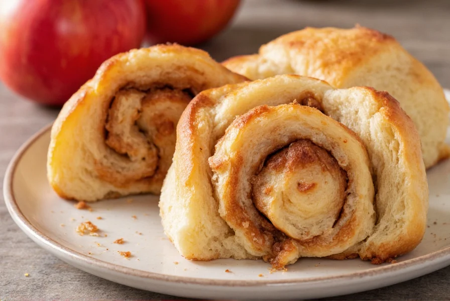 Finished cinnamon roll with apples showing cross-section with visible apple layers and cinnamon swirl