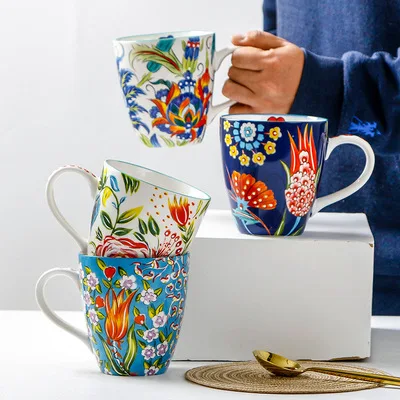 

wholesale ceramic hand-painted large-capacity embossed breakfast cup, As picture