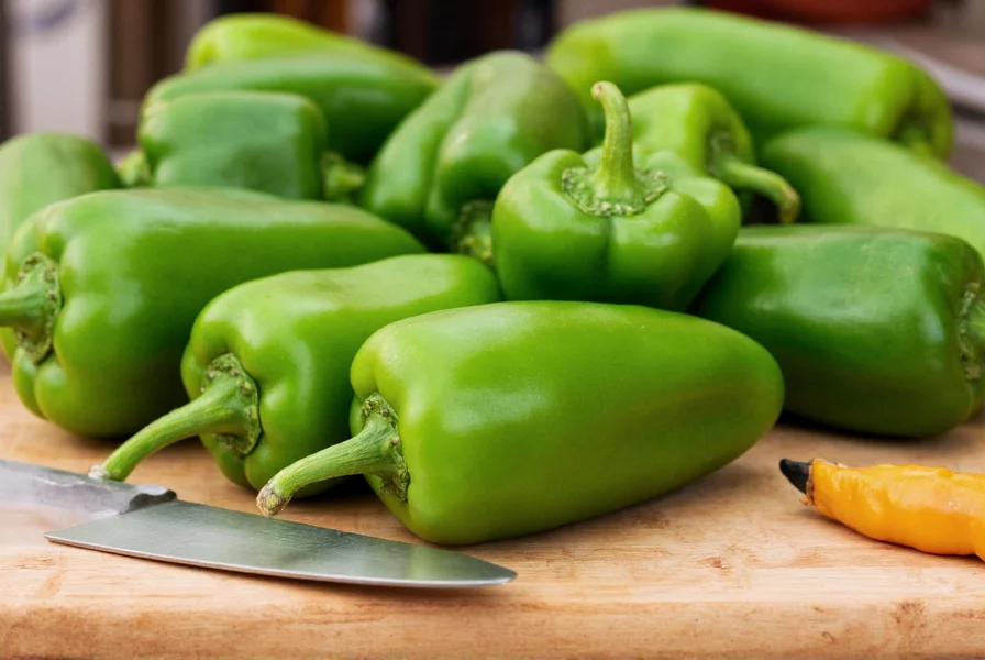 Fresh green Anaheim peppers on wooden cutting board with roasting equipment