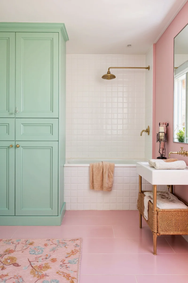 Pastel pink and green bathroom
