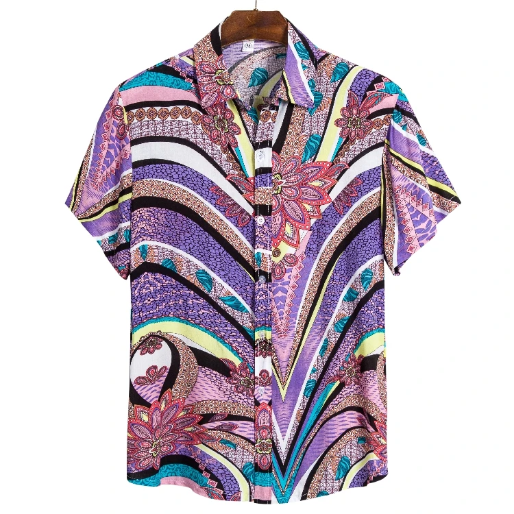 

2020 Wholesale Mens Summer Shirt Short Sleeve Casual Colorful Beach 100% Cotton Hawaiian Floral Shirts For Men, As picture