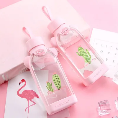 

YIDING wholesale 350ml cute pink flamingo water bottle customized logo square milk cartoon glass drinking water bottle, As is or customized