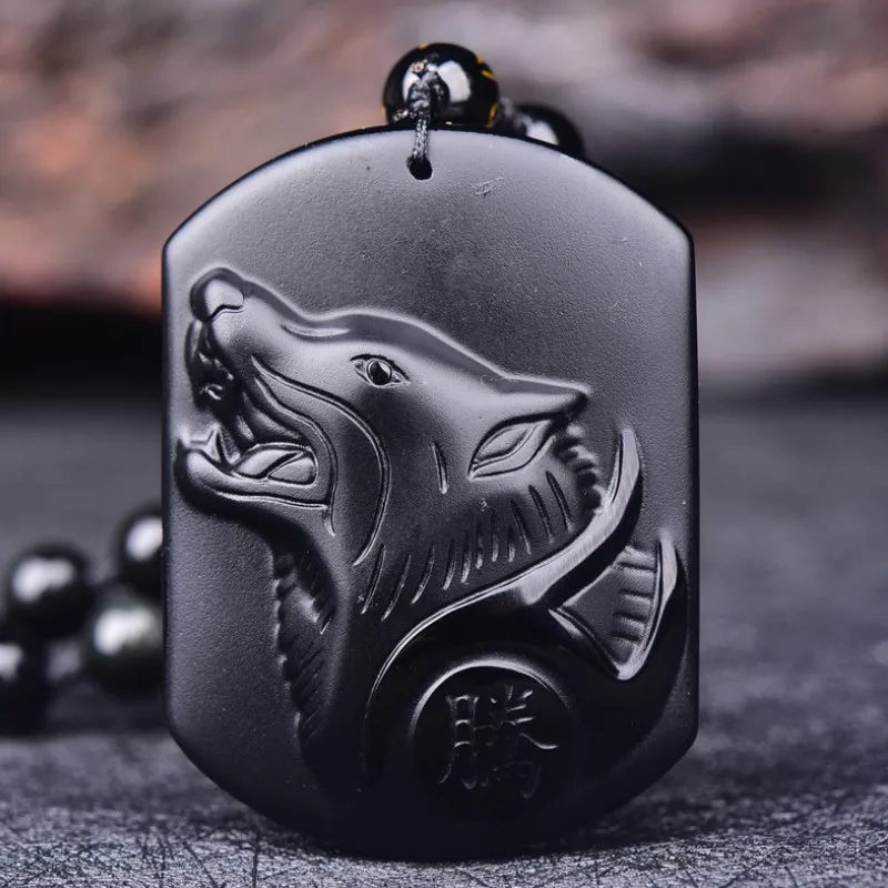 

crystal Obsidian Pendant Hand Carved wolf With Chain Lucky Amulet Pendant Necklace Female Male Brave Fashion Jewelry Lover, Black