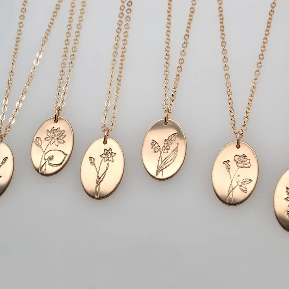 

Birth Flower Month Floral Pendant Stamped Necklace Christmas gift for her  Accept Custom Design