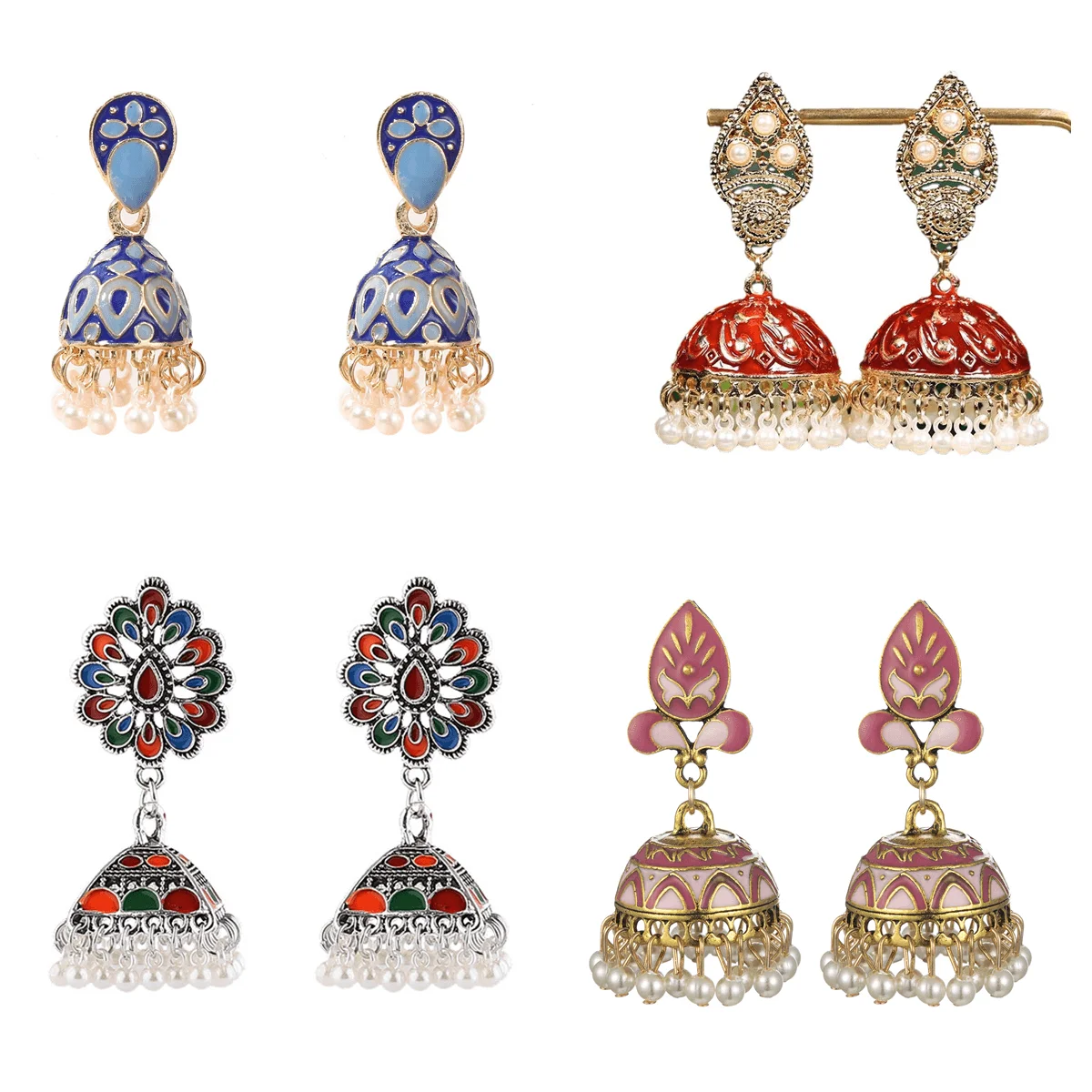 

Top Fashion Trendy Water Drop Bell Jhumka Earrings Indian Kundan Traditional Dainty Ladies Earring Set For Women