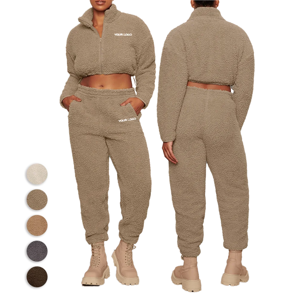 

L230710 Fall 2023 Women's Clothes Long Sleeve Cropped Hoodie Pant 2 Piece Set Custom Women's Tracksuit Women Teddy Fleece Sets