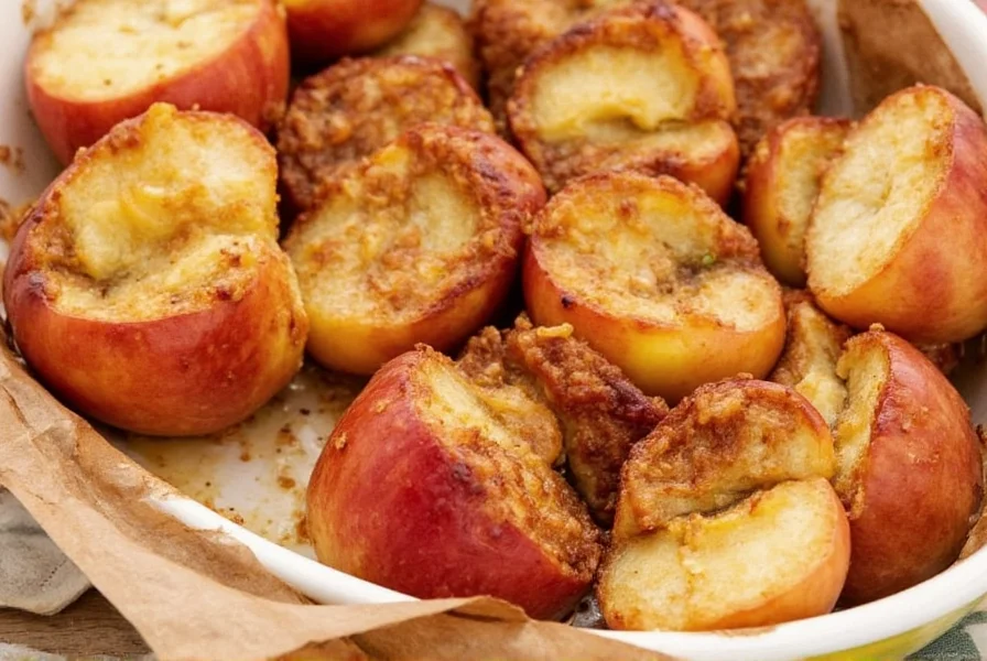 Baked cinnamon apples served with vanilla ice cream and mint garnish on wooden table
