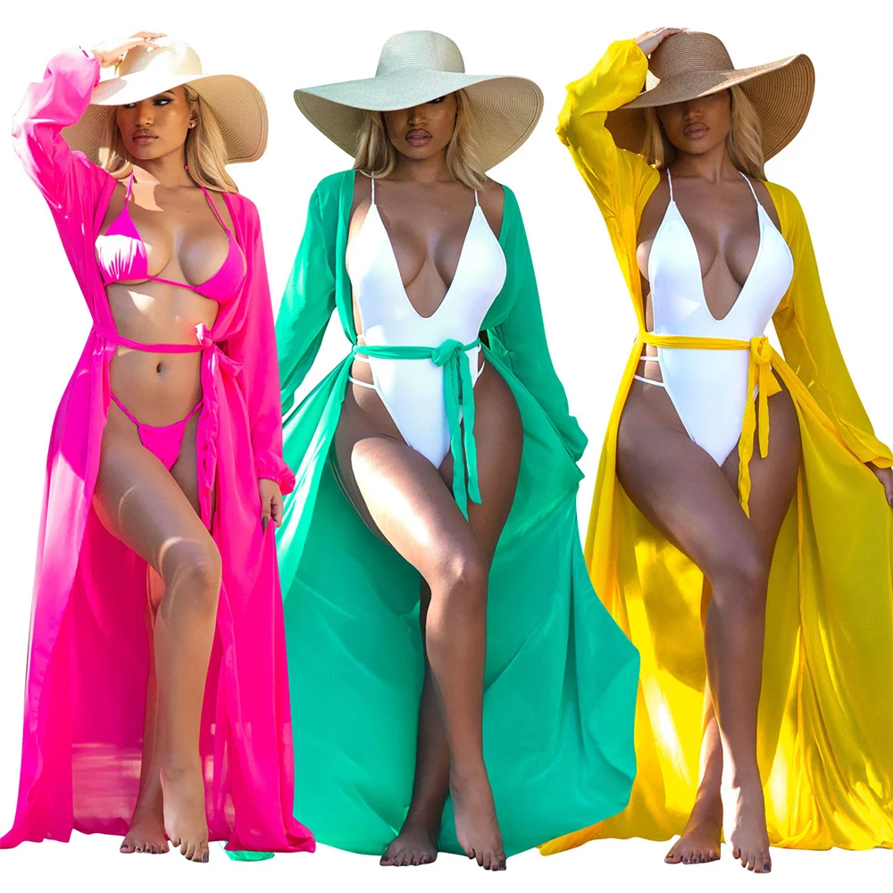 

"Summer Solid Candy Colors Beach Sun Proof Clothing Protection Wear Bandage Bikini Cover Ups Cardigan Maxi Long Dresses Women "