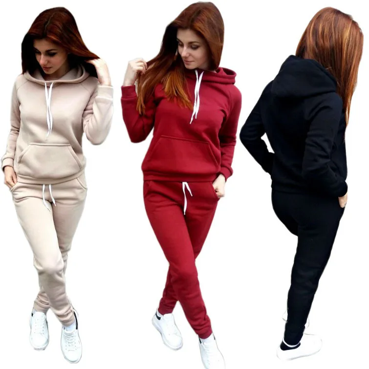 

Autumn And Winter New Style Fleece Sports Fashion Suit Long Sleeve Hoodie Solid Color Women Sets Two Piece