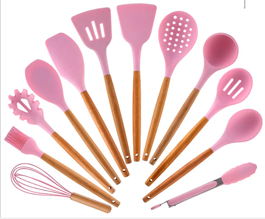 

Wholesale Custom 12 Pcs kitchen accessories Heat resistant Silicone Utensils Set Wood Handle Cooking Kitchen Tools, 4 colors