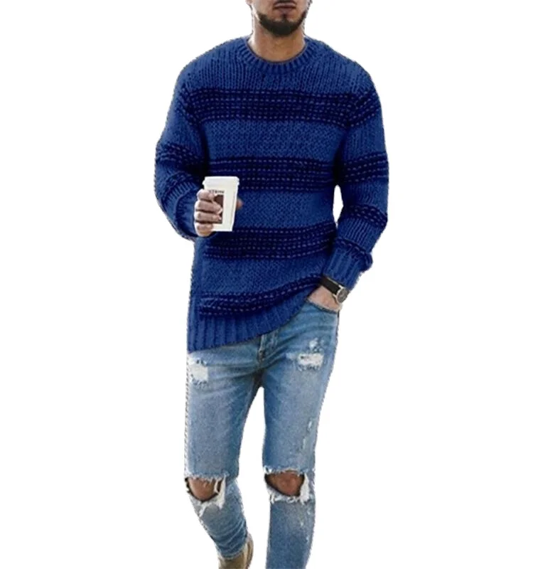 

wholesale fashion apparel knitted Men's O-neck pullover top pullover stripes long sleeves crew neck sweaters