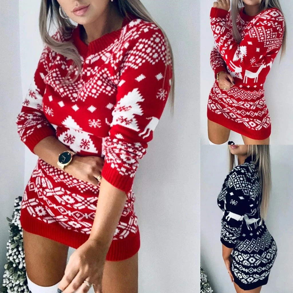 

Christmas Dress Women New Fashion Autumn Streetwear Casual O Neck Elk Snowflake Christmas Xmas Pullover Sweater knit Mini Dress