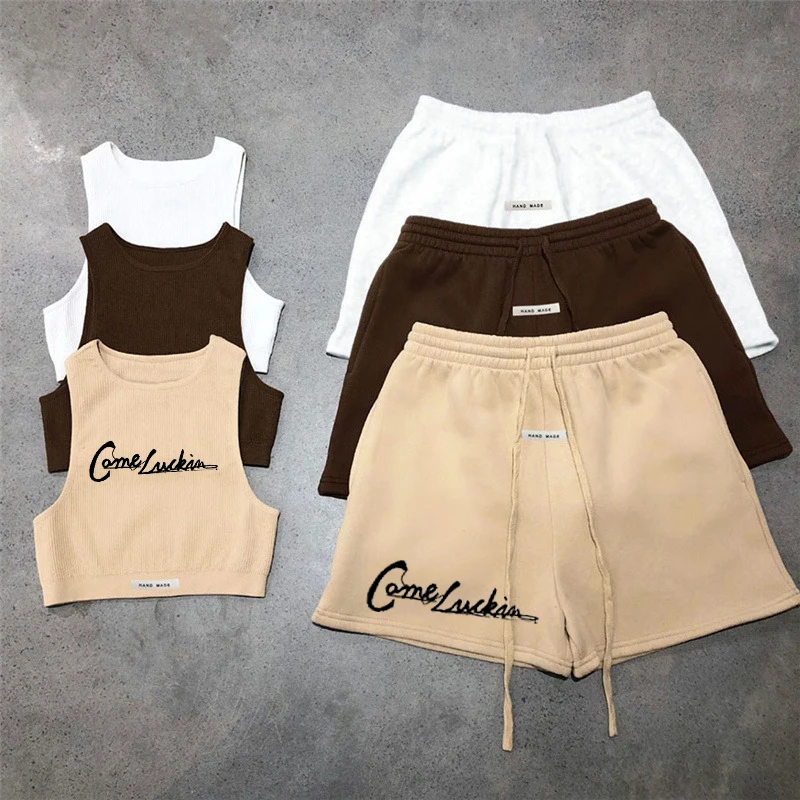 

Custom logo lounge 2 piece set Women Ribbed Active Halter Vest Crop Matching Sweat Biker 2 piece short set Outfit Tracksuit, Picture color