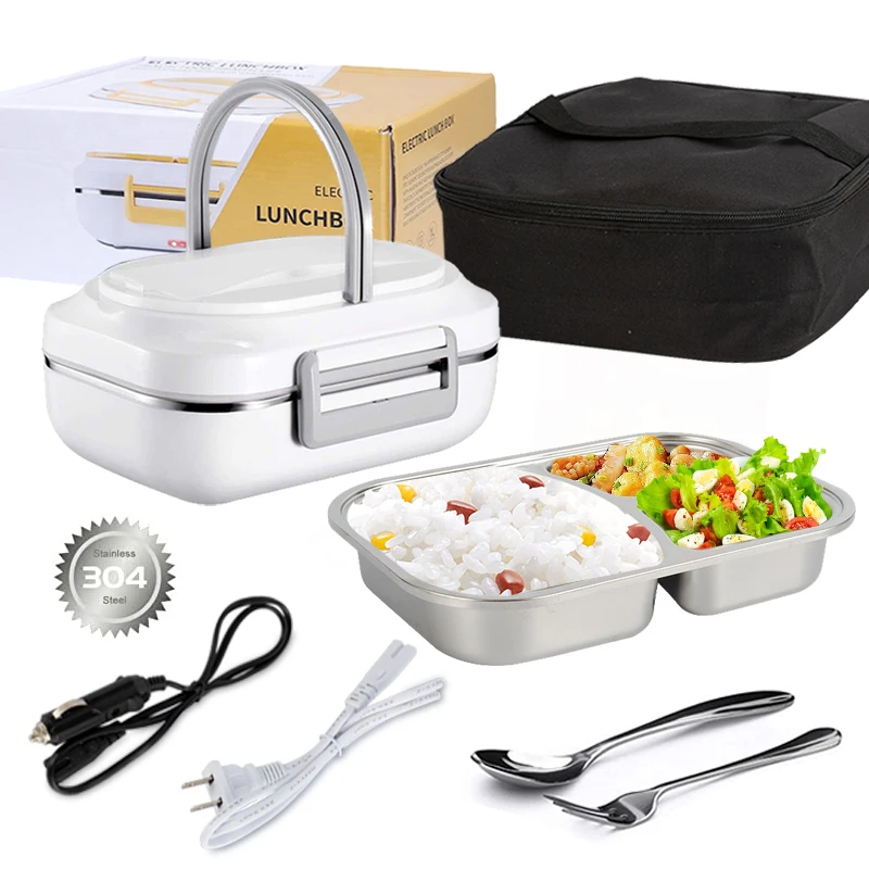 

Stainless Steel container Electric Lunch Box with Bag Portable Multi Function Home/car 2 in 1 with 3 compartments, Yellow/rose pink/blue/grey/custom colors