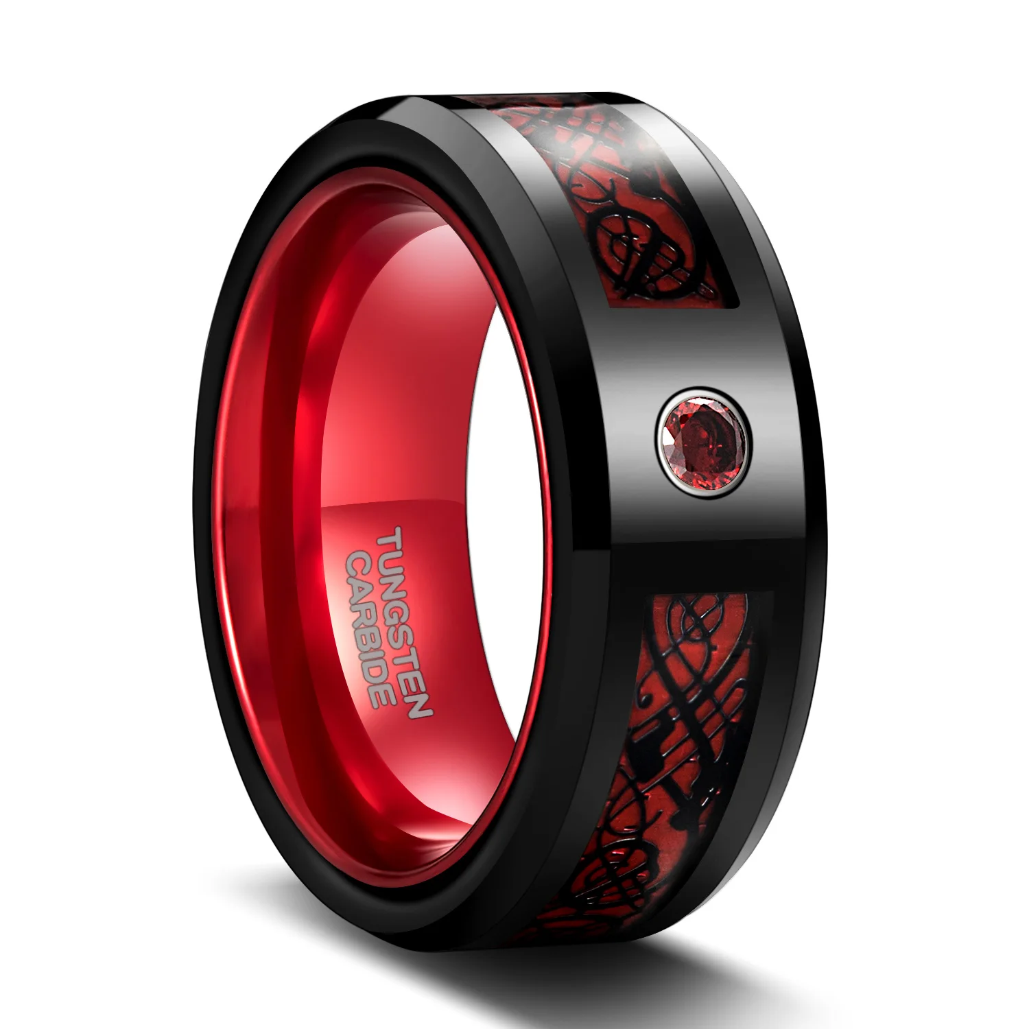 OAHLAN Tungsten Carbide Rings 8mm Mens Woman Red Black CZ Inlay Celtic Dragon Carbon Fiber Beveled Edge Wedding Band Couple
