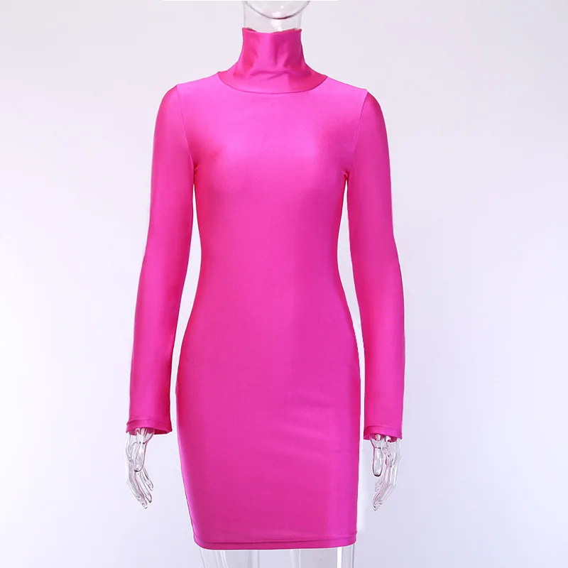
YH Best selling taobao dropshipping boutique fall clothing long sleeve neon pink dress 
